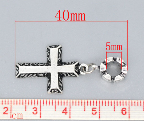 Image de 10 Pcs Perles de Charme Pendantes pour la Fabrication de Bijoux de Bracelet et de Collier au Style Européen en Alliage de Zinc Croix Argent Vieilli 40mm x 17mm