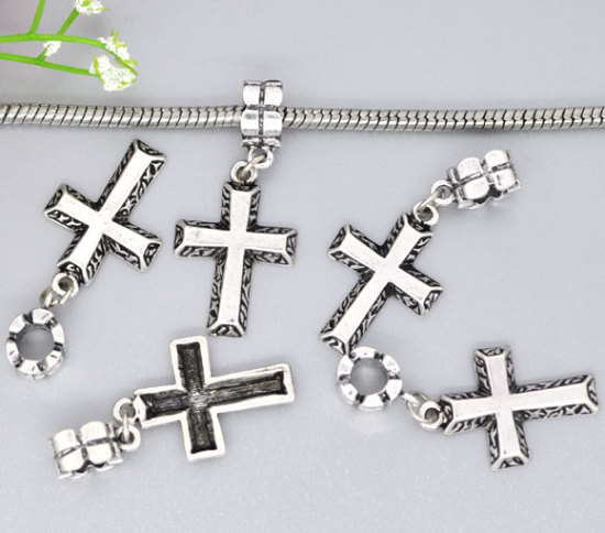 Image de 10 Pcs Perles de Charme Pendantes pour la Fabrication de Bijoux de Bracelet et de Collier au Style Européen en Alliage de Zinc Croix Argent Vieilli 40mm x 17mm