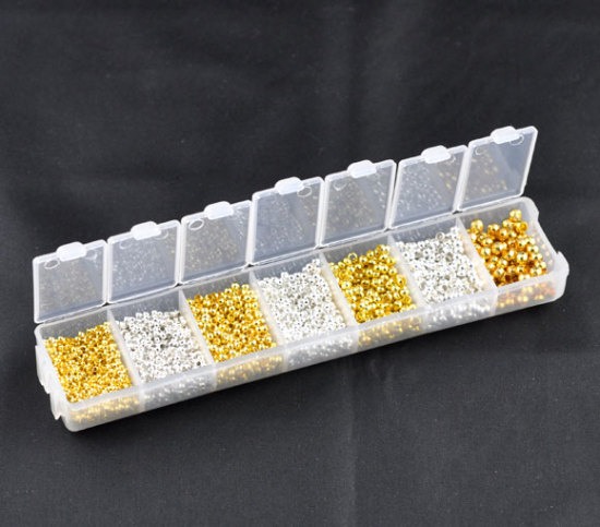 Image de 1 Boîte (Env. 3700 Pcs/Kit) Perles à Sertir avec Couverture de Nœud Accessories pour DIY Fabrication de Bijoux en Plastique & Laiton Rond Doré & Argenté 2mm-4mm Dia.