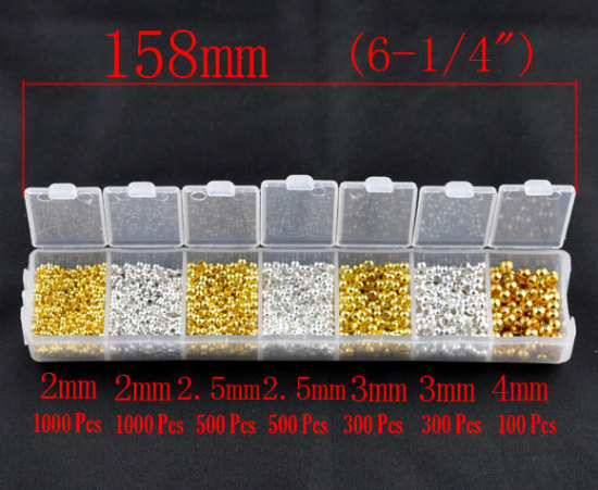Image de 1 Boîte (Env. 3700 Pcs/Kit) Perles à Sertir avec Couverture de Nœud Accessories pour DIY Fabrication de Bijoux en Plastique & Laiton Rond Doré & Argenté 2mm-4mm Dia.