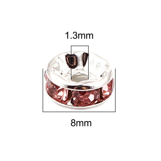 Image de Perle Rondelle Strass en Laiton Rond Argenté à Strass Mixte 8mm Dia, Taille de Trou: 1.3mm, 100 PCs
