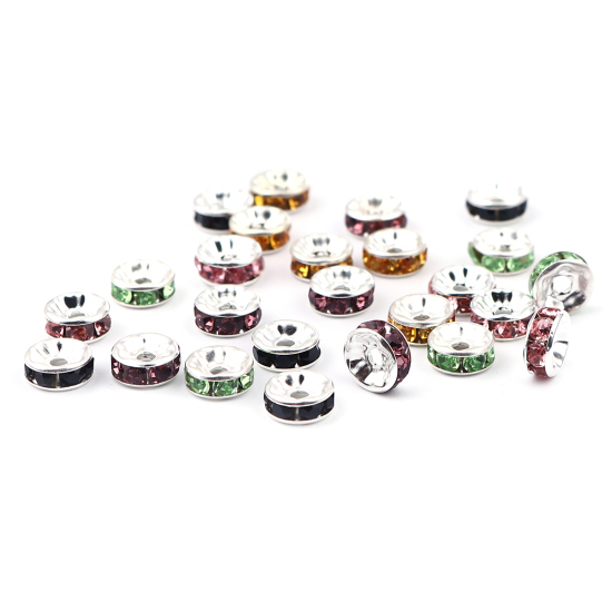 Image de Perle Rondelle Strass en Laiton Rond Argenté à Strass Mixte 8mm Dia, Taille de Trou: 1.3mm, 100 PCs