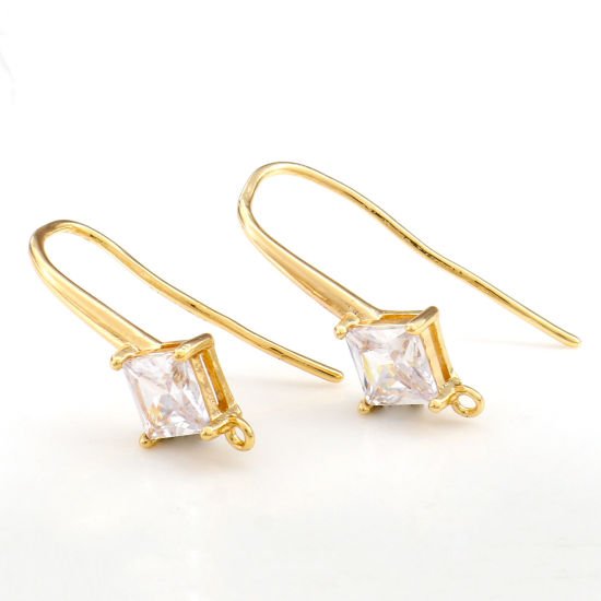 Picture of 2 PCs Brass Ear Wire Hooks Earrings For DIY Jewelry Making Accessories 18K Real Gold Plated Rhombus Clear Cubic Zirconia With Loop 25mm x 10mm, Post/ Wire Size: 1mm(18 gauge)