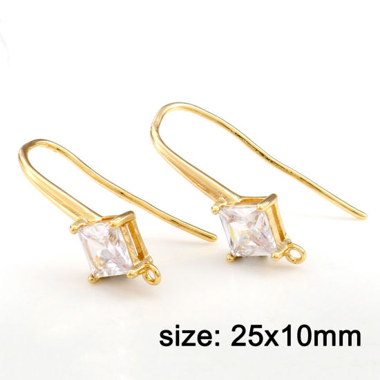 Picture of 2 PCs Brass Ear Wire Hooks Earrings For DIY Jewelry Making Accessories 18K Real Gold Plated Rhombus Clear Cubic Zirconia With Loop 25mm x 10mm, Post/ Wire Size: 1mm(18 gauge)