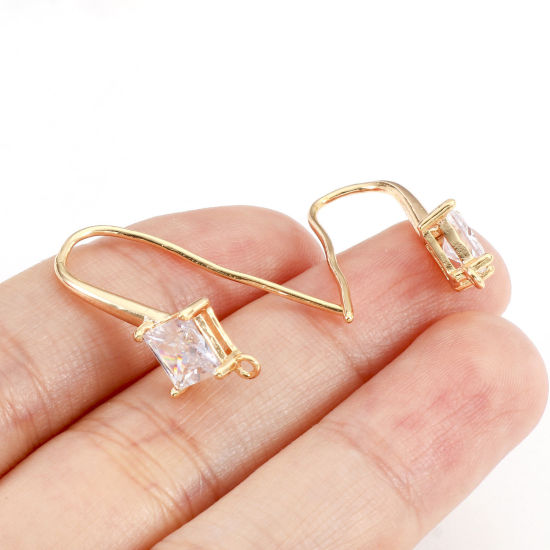 Picture of 2 PCs Brass Ear Wire Hooks Earrings For DIY Jewelry Making Accessories 18K Real Gold Plated Rhombus Clear Cubic Zirconia With Loop 25mm x 10mm, Post/ Wire Size: 1mm(18 gauge)