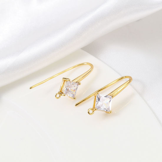 Picture of 2 PCs Brass Ear Wire Hooks Earrings For DIY Jewelry Making Accessories 18K Real Gold Plated Rhombus Clear Cubic Zirconia With Loop 25mm x 10mm, Post/ Wire Size: 1mm(18 gauge)