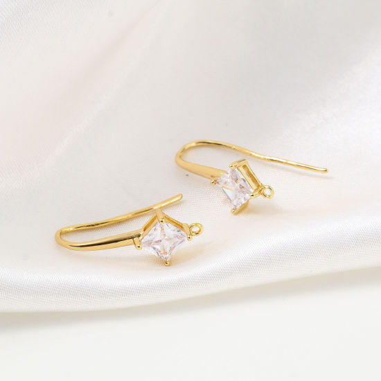 Picture of 2 PCs Brass Ear Wire Hooks Earrings For DIY Jewelry Making Accessories 18K Real Gold Plated Rhombus Clear Cubic Zirconia With Loop 25mm x 10mm, Post/ Wire Size: 1mm(18 gauge)