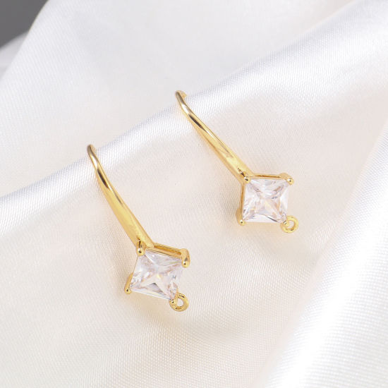 Picture of 2 PCs Brass Ear Wire Hooks Earrings For DIY Jewelry Making Accessories 18K Real Gold Plated Rhombus Clear Cubic Zirconia With Loop 25mm x 10mm, Post/ Wire Size: 1mm(18 gauge)