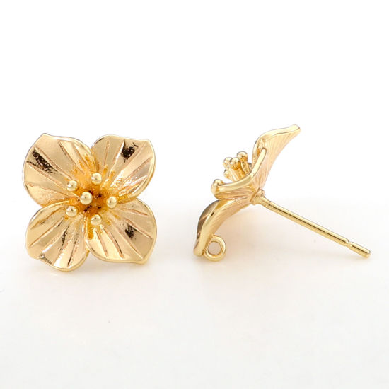 Picture of 2 PCs Brass Ear Post Stud Earrings 18K Real Gold Plated Flower With Loop 15mm x 15mm, Post/ Wire Size: 0.7mm(21 gauge)