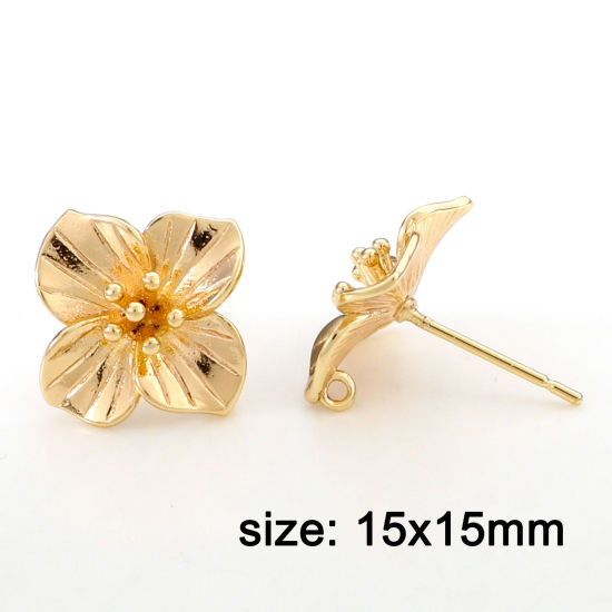 Picture of 2 PCs Brass Ear Post Stud Earrings 18K Real Gold Plated Flower With Loop 15mm x 15mm, Post/ Wire Size: 0.7mm(21 gauge)