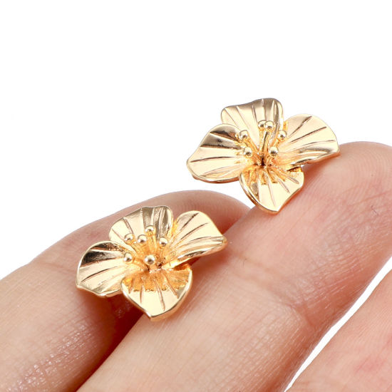 Picture of 2 PCs Brass Ear Post Stud Earrings 18K Real Gold Plated Flower With Loop 15mm x 15mm, Post/ Wire Size: 0.7mm(21 gauge)