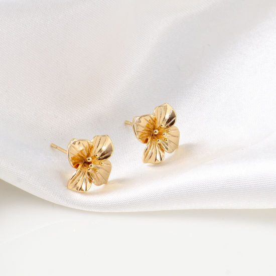 Picture of 2 PCs Brass Ear Post Stud Earrings 18K Real Gold Plated Flower With Loop 15mm x 15mm, Post/ Wire Size: 0.7mm(21 gauge)