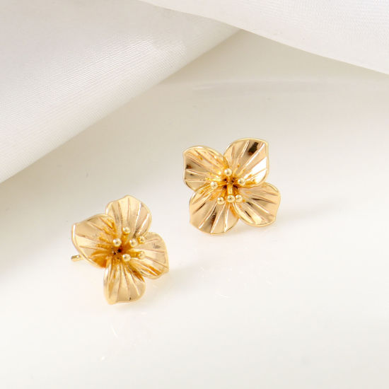 Picture of 2 PCs Brass Ear Post Stud Earrings 18K Real Gold Plated Flower With Loop 15mm x 15mm, Post/ Wire Size: 0.7mm(21 gauge)