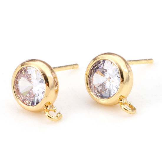 Picture of 2 PCs Brass Ear Post Stud Earrings 18K Real Gold Plated Round Clear Cubic Zirconia With Loop 11mm x 8mm, Post/ Wire Size: 0.7mm(21 gauge)