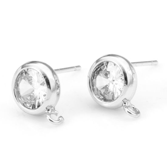 Picture of 2 PCs Brass Ear Post Stud Earrings Real Platinum Plated Round Clear Cubic Zirconia With Loop 11mm x 8mm, Post/ Wire Size: 0.7mm(21 gauge)