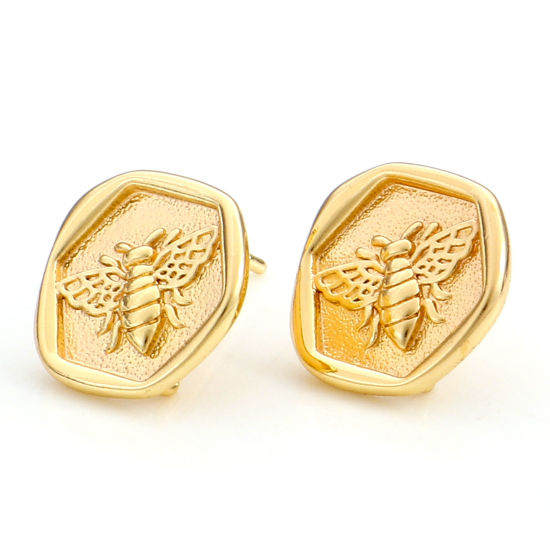 Picture of 2 PCs Brass Insect Ear Post Stud Earrings 18K Real Gold Plated Round Disc Bee With Loop 14mm x 14mm, Post/ Wire Size: 0.8mm(20 gauge)