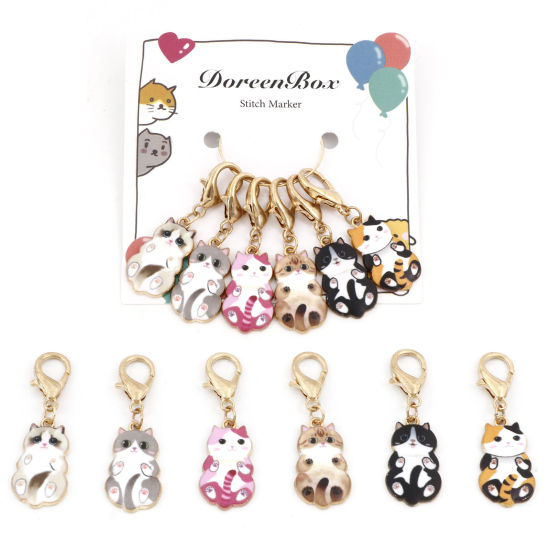 Image de Marqueur de Maille en Alliage de Zinc Chat Doré Émail 4.5cm x 1.4cm, 1 Kit ( 6PCs/Kit)