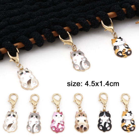 Image de Marqueur de Maille en Alliage de Zinc Chat Doré Émail 4.5cm x 1.4cm, 1 Kit ( 6PCs/Kit)