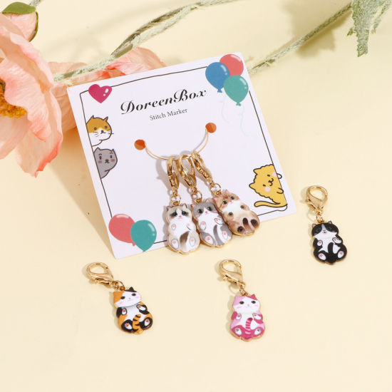 Image de Marqueur de Maille en Alliage de Zinc Chat Doré Émail 4.5cm x 1.4cm, 1 Kit ( 6PCs/Kit)