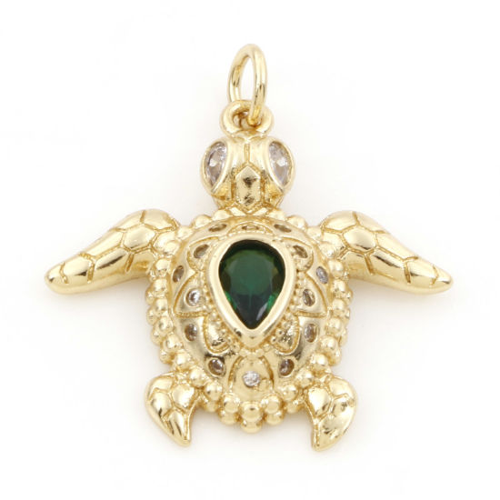 Image de Breloques Bijoux d'Océan en Laiton Tortue de Mer Plaqué Or Véritable 18K Micro Pave à Zircone Cubique Vert à Strass Transparent 26.5mm x 24mm, 1 Pièce