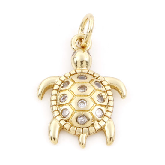 Image de Breloques Bijoux d'Océan en Laiton Tortue de Mer Plaqué Or Véritable 18K Micro Pave à Zircone Cubique Clair 22mm x 13mm, 1 Pièce