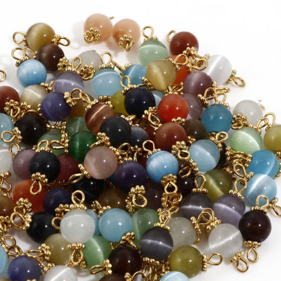 Picture of Imitation Cat's Eye Glass Connectors Charms Pendants Gold Plated At Random Mixed Color Round 17mm x 8mm, 10 PCs
