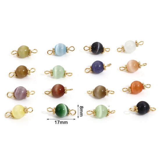 Picture of Imitation Cat's Eye Glass Connectors Charms Pendants Gold Plated At Random Mixed Color Round 17mm x 8mm, 10 PCs