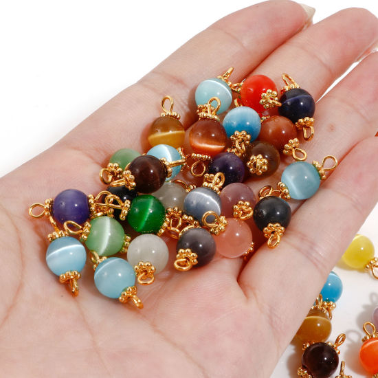 Picture of Imitation Cat's Eye Glass Connectors Charms Pendants Gold Plated At Random Mixed Color Round 17mm x 8mm, 10 PCs