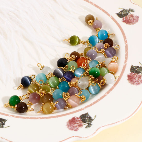 Picture of Imitation Cat's Eye Glass Connectors Charms Pendants Gold Plated At Random Mixed Color Round 17mm x 8mm, 10 PCs