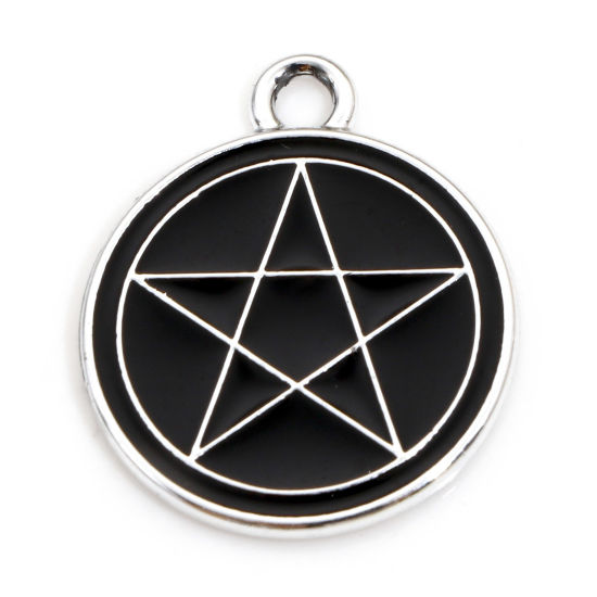 Picture of Zinc Based Alloy Halloween Charms Silver Tone Black Round Disc Pentagram Star Enamel 20mm x 17mm, 10 PCs