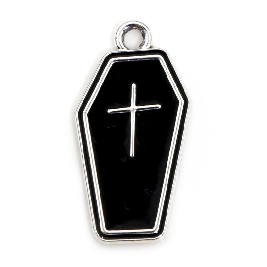 Picture of Zinc Based Alloy Halloween Charms Silver Tone Black Cross Pattern Enamel 25mm x 13mm, 10 PCs