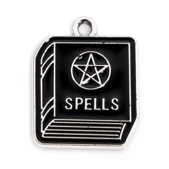 Picture of Zinc Based Alloy Halloween Charms Silver Tone Black Book Pentagram Star Enamel 22mm x 17mm, 10 PCs