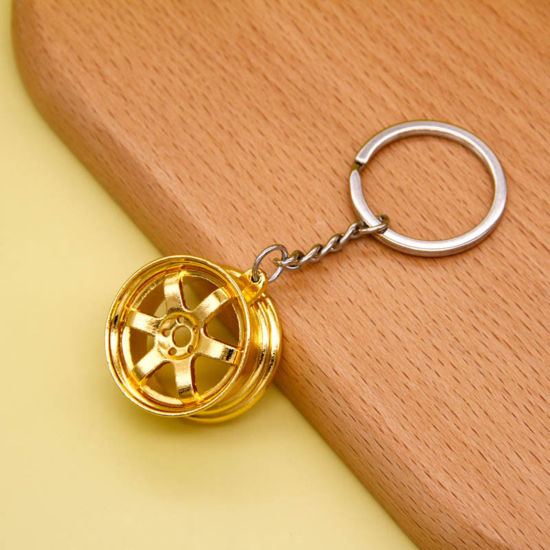 Image de Porte-Clés Créatif Doré Jante de Pneu de Moyeu de Roue de Voiture 8cm, 1 Pièce