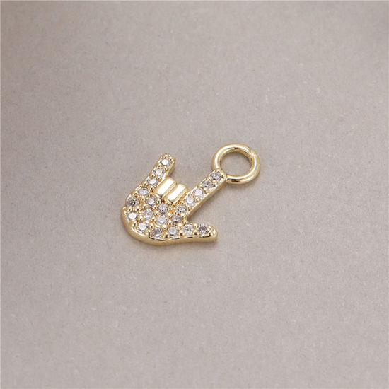 Image de Breloques en Laiton Doré Geste de la Main à Zircone Cubique Clair 12mm x 8mm, 2 Pcs
