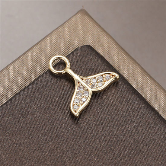 Image de Breloques en Laiton Doré Queue de Poisson Micro Pave à Zircone Cubique Clair 11mm x 10.5mm, 2 Pcs