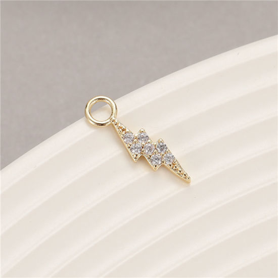 Image de Breloques Collection de Météo en Laiton Doré Foudre Micro Pave à Zircone Cubique Clair 14.5mm x 4mm, 2 Pcs