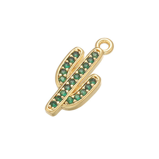 Immagine di 1 Pz Ottone Ciondoli Cactus Placcato Oro 18K Verde Strass 17mm x 8mm