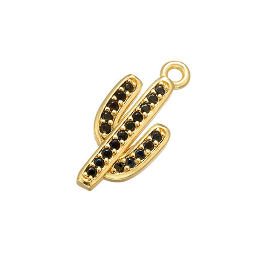 Immagine di 1 Pz Ottone Ciondoli Cactus Placcato Oro 18K Nero Strass 17mm x 8mm