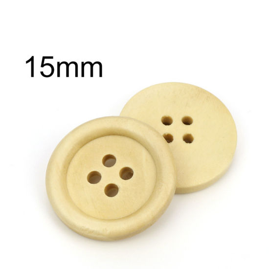 100 個 天然ウッド 縫製ボタン 4つ穴 円形 ベージュ色 15mm 直径、 の画像