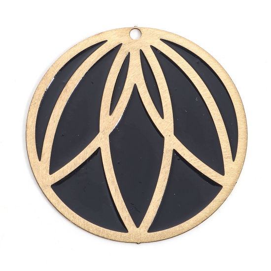 Image de Pendentifs en Alliage de Fer Doré Noir Rond Pétale Émail 4.2cm Dia, 2 Pcs