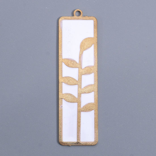 Image de Pendentifs en Alliage de Fer Doré Blanc Rectangle Feuilles Émail 4.8cm x 1.4cm, 2 Pcs