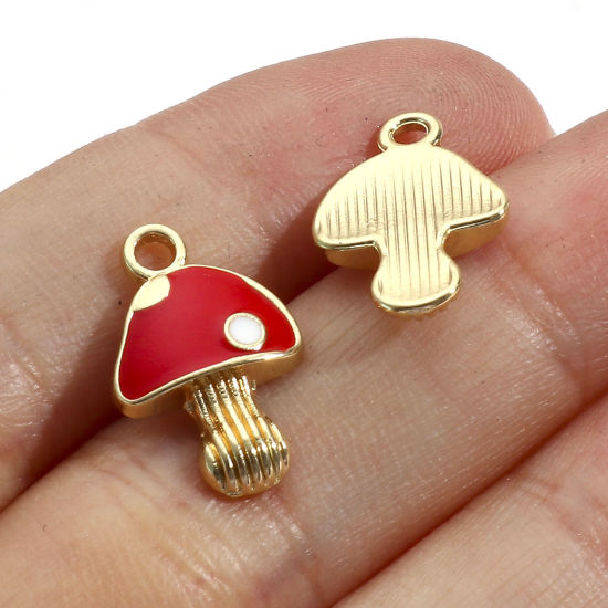 Immagine di Lega di Zinco Charms Oro Placcato Rosso Fungo Smalto 17mm x 11mm, 10 Pz