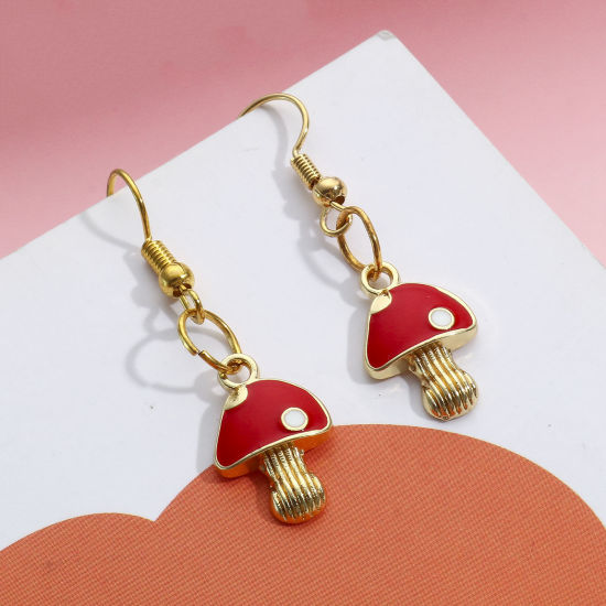 Immagine di Lega di Zinco Charms Oro Placcato Rosso Fungo Smalto 17mm x 11mm, 10 Pz