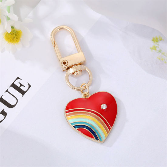Image de Porte-Clés Élégant Doré Rouge Cœur Arc-en-ciel à Strass Transparent 5.8cm, 1 Pièce