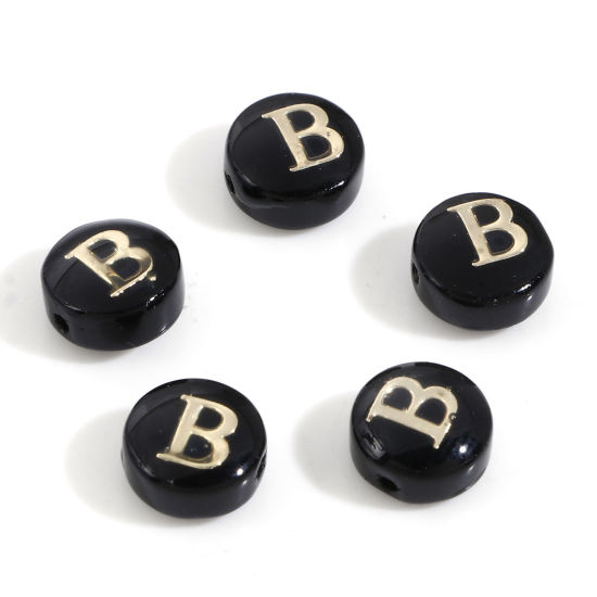 Image de Perles pour DIY Fabrication de Bijoux en Coquille Rond Noir Alphabet Initial/ Lettre Majuscule Mots" B " Double Face 8mm Dia, Taille de Trou: 0.5mm, 5 Pcs