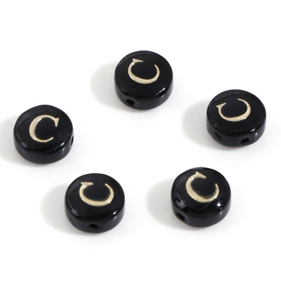 Image de Perles pour DIY Fabrication de Bijoux en Coquille Rond Noir Alphabet Initial/ Lettre Majuscule Mots" C " Double Face 8mm Dia, Taille de Trou: 0.5mm, 5 Pcs