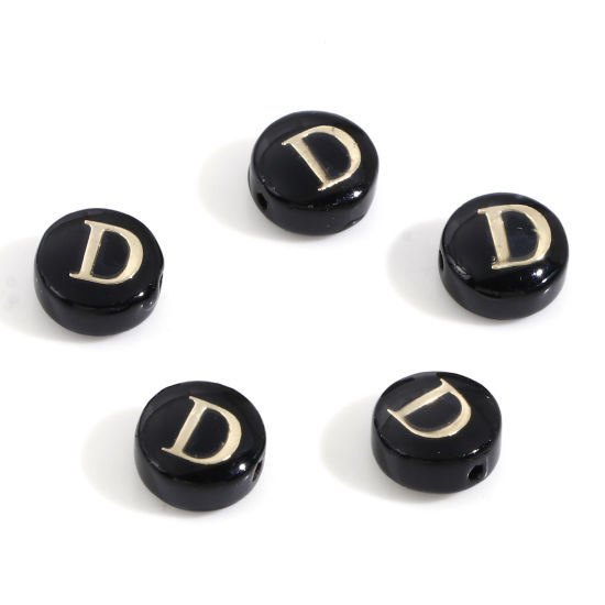 Image de Perles pour DIY Fabrication de Bijoux en Coquille Rond Noir Alphabet Initial/ Lettre Majuscule Mots" D " Double Face 8mm Dia, Taille de Trou: 0.5mm, 5 Pcs