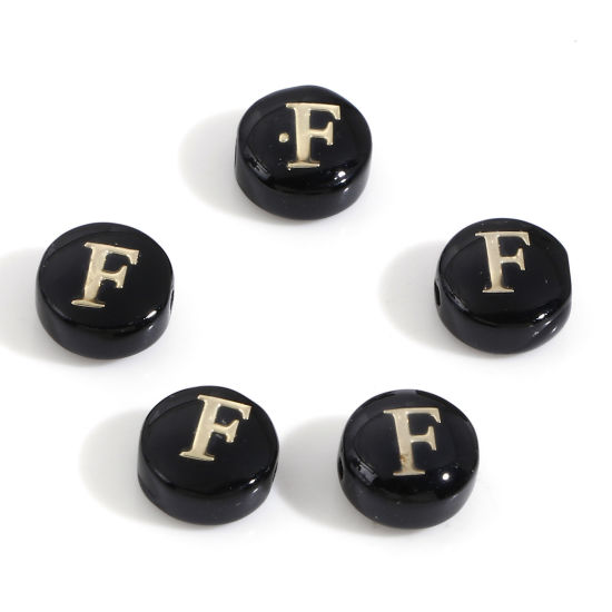 Image de Perles pour DIY Fabrication de Bijoux en Coquille Rond Noir Alphabet Initial/ Lettre Majuscule Mots" F " Double Face 8mm Dia, Taille de Trou: 0.5mm, 5 Pcs