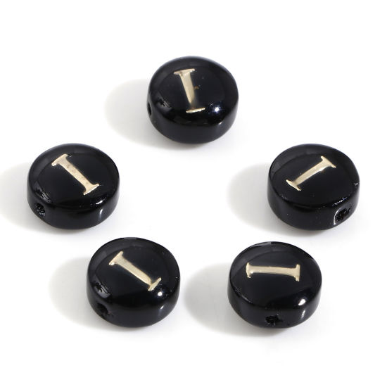 Image de Perles pour DIY Fabrication de Bijoux en Coquille Rond Noir Alphabet Initial/ Lettre Majuscule Mots" I " Double Face 8mm Dia, Taille de Trou: 0.5mm, 5 Pcs