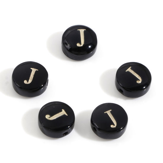 Image de Perles pour DIY Fabrication de Bijoux en Coquille Rond Noir Alphabet Initial/ Lettre Majuscule Mots" J " Double Face 8mm Dia, Taille de Trou: 0.5mm, 5 Pcs
